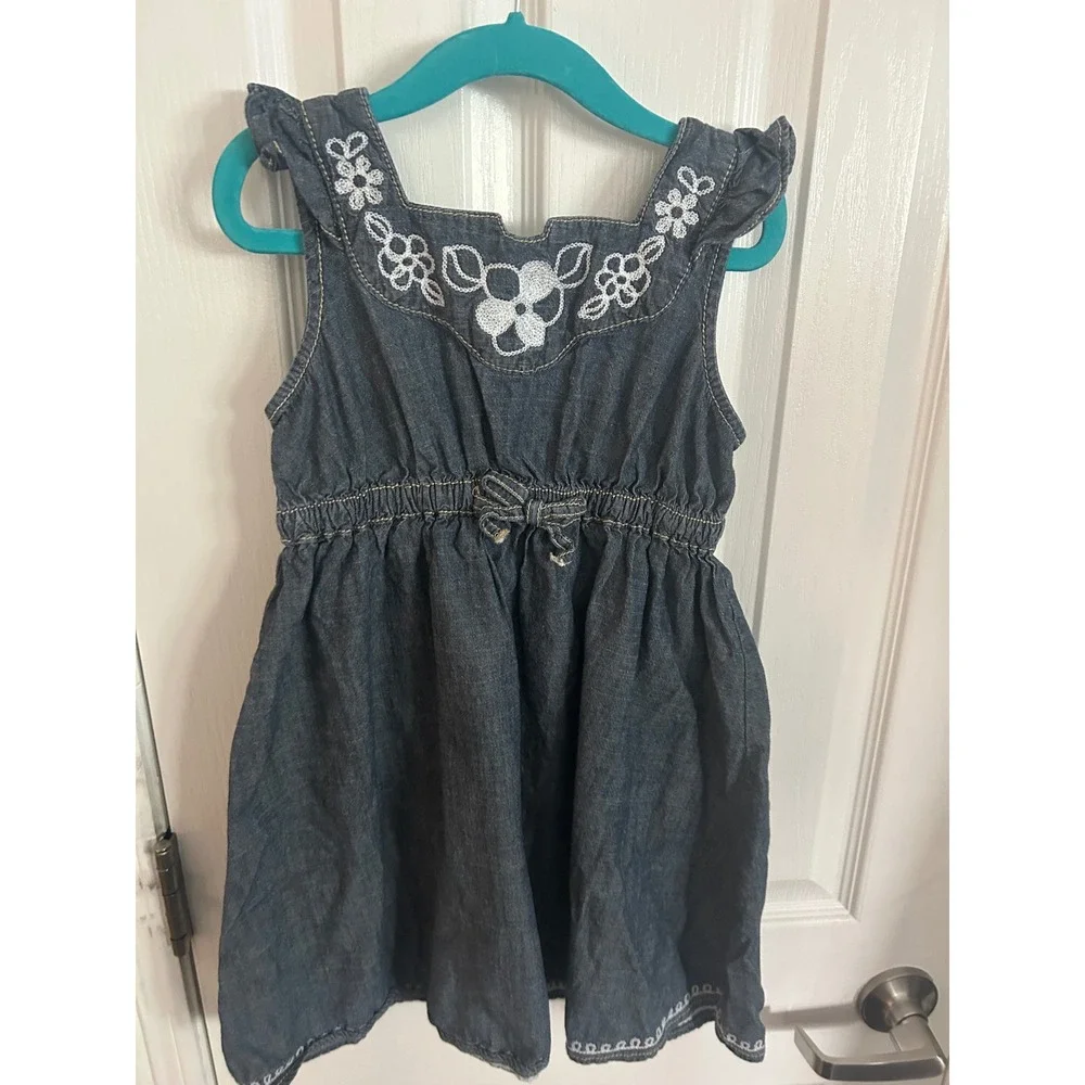 Gymboree Denim Dress Blue Floral Embroidered Chambray Sleeveless Kids 6